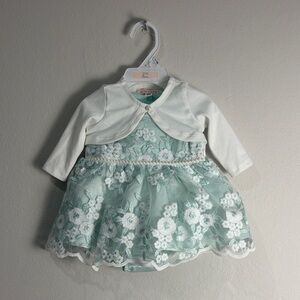 Just Lizzy Green/White Embroidered Floral Infant Dress 0-3mo New Beautiful